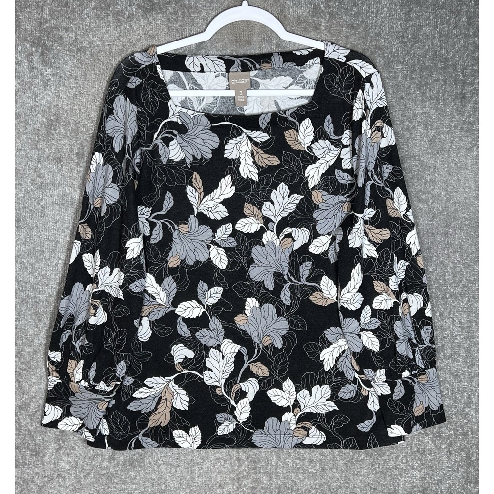 Chicos Square Neck Top Womens Sz 3 US Size XL Black Gray Stretch Fall Autumnal
